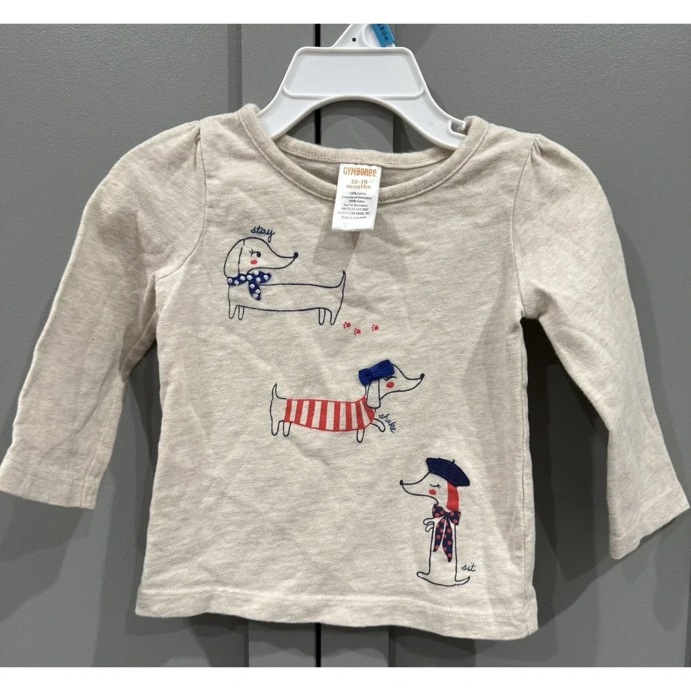 Gymboree Baby Girls 12-18 Months Puppy Tricks Graphic Long Sleeve T-Shirt Beige